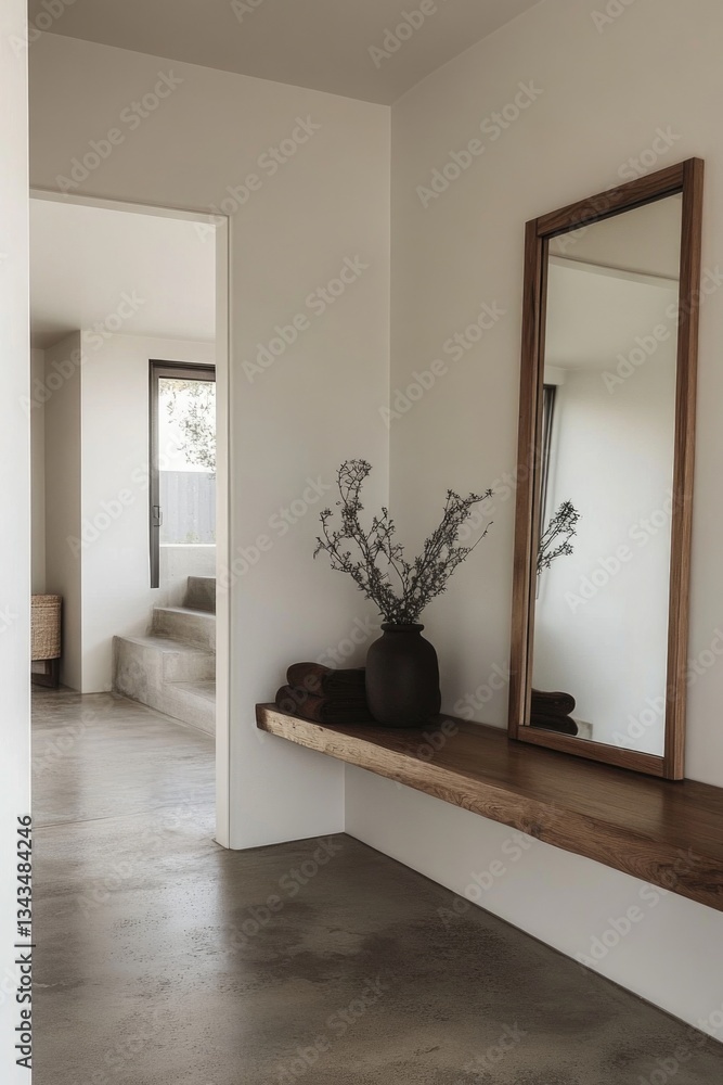 Poster a simple room with a large mirror and a decorative vase on a shelf