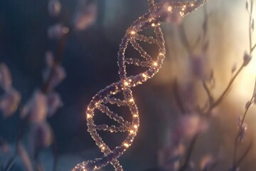 A detailed view of a DNA strand wrapped around a tree branch, great for biology and science illustrations