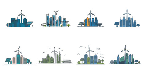 Fototapeta premium Vector illustration of an eco-friendly cityscape powered by renewable energy sources including wind turbines and solar panels.