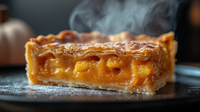 A steaming slice of golden pumpkin pie, adorned with a flaky crust, promises a cozy autumnal embrace, its rich aroma hinting at the comforting warmth within.