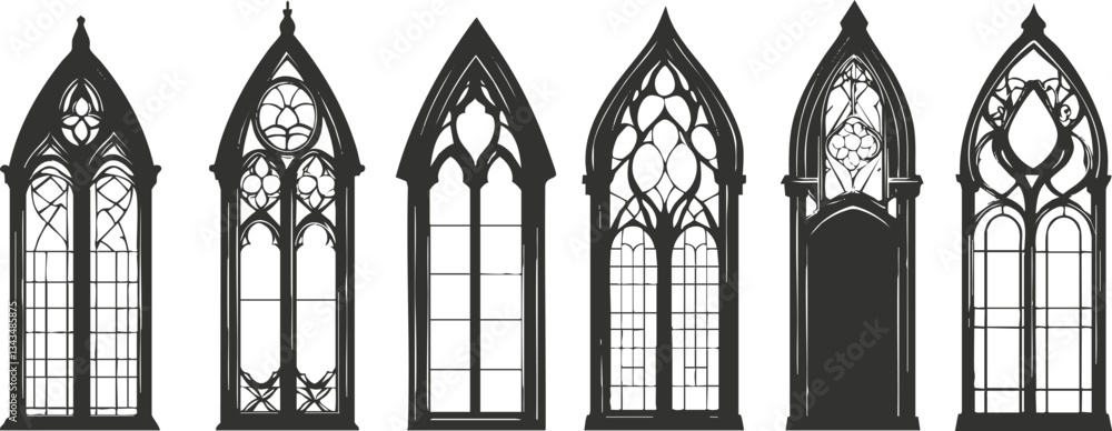 Poster set of six gothic style arched windows with ornate designs and intricate patterns
