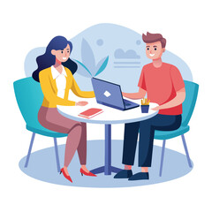 Partners meeting for business discussion with documents and laptop on desk. Couple at round table, speaking, discussing work, partnership. Flat vector illustration isolated on white background