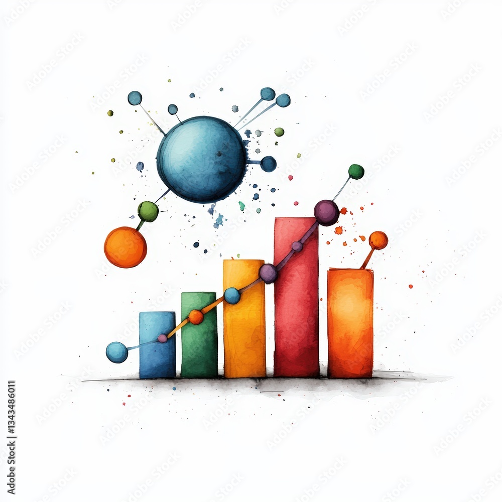 Aufkleber colorful abstract illustration of bar graph and molecular structure, representing data analysis and 
