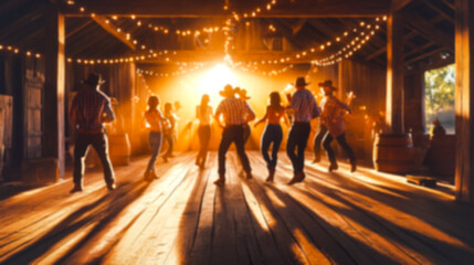 Blurred Cowboys and cowgirls dancing joyfully in a rustic barn at sunset