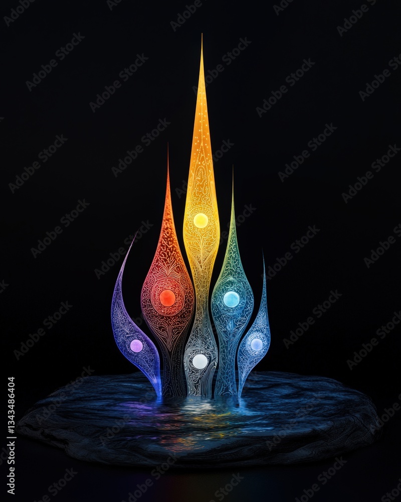 Poster colorful abstract light formations rising from a tranquil surface, creating a mystical and vibrant a