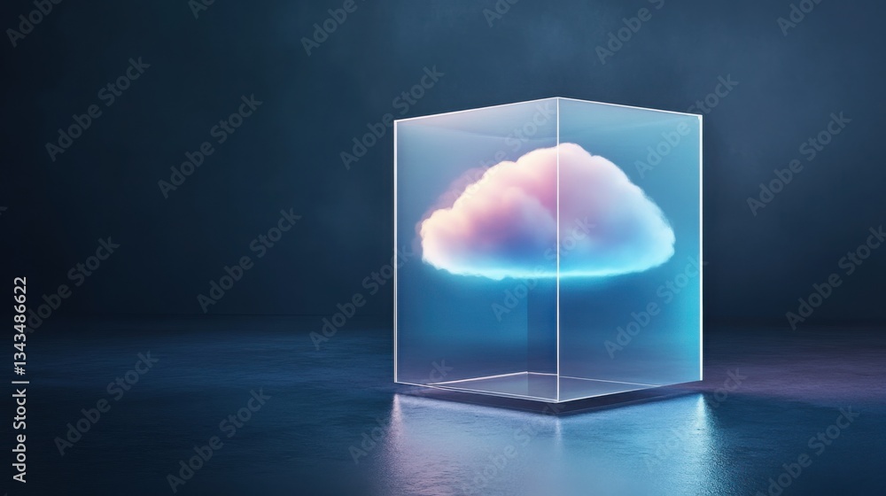 Poster a futuristic concept featuring a transparent glass cube floating in a dark void, with a softly glowi