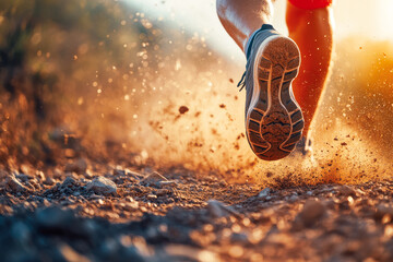 Dynamic trail runner kicking up dust in natural sunlight