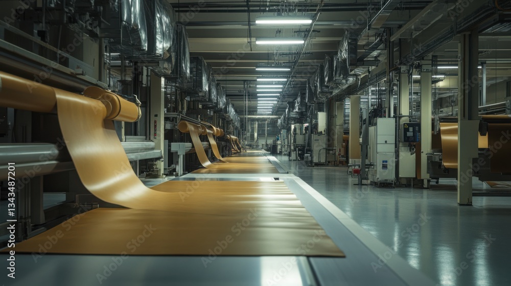 Poster a high-tech leather manufacturing facility with automated machines processing