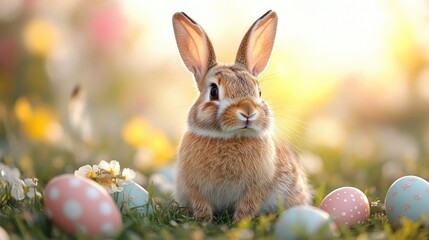 Easter bunny in garden, surrounded by eggs, springtime sunrise