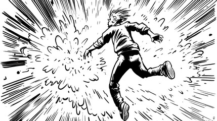 A black and white comic panel showing a creative person chasing after their escaped inspiration