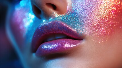 A vibrant swatch of a facial highlighter, its cool, iridescent hues shimmering under the soft light of a makeup mirror as it is delicately applied across a model is cheekbone.