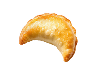 A golden-brown pastry with a crispy texture, shaped like a crescent, typically filled with savory or sweet ingredients, Transparent background.