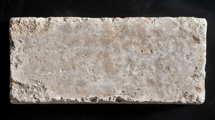 A weathered rectangular stone displays various imperfections on a dark surface