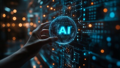 Hand reaching for glowing AI symbol in digital network