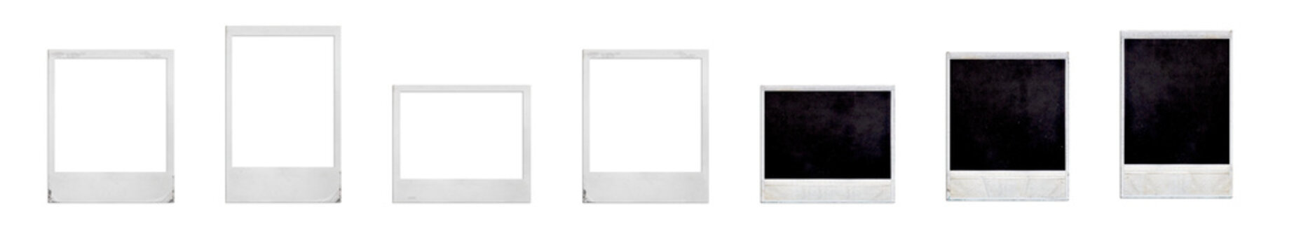 Set of polaroid frames for photography: front and back sides in different sizes on isolated transparent background. Family, vacation, personal, selfie photo. With shadow. Flat lay, top view. PNG