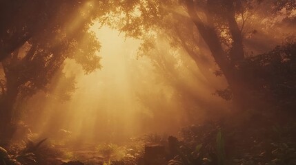 Obraz premium Enchanted Forest with Sunlight Streaming Through Misty Trees