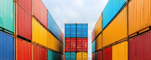 Fototapeta premium Import Tariffs trade revenue concept. Colorful shipping containers stacked in an industrial setting.