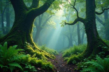Misty forest with ancient trees covered in moss and ferns , forest, trees, fir