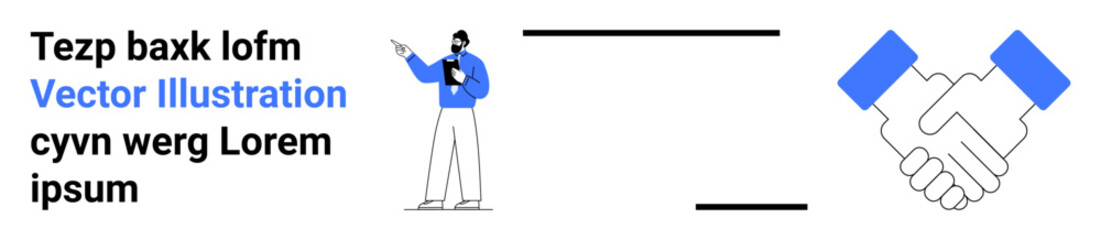 Man presenting ideas with a clipboard, handshake symbol representing agreement and teamwork. Ideal for partnership, business growth, communication, teamwork, trust, negotiation, simple landing page