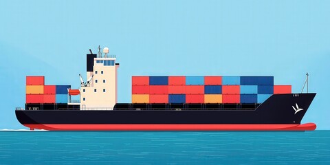 Import Tariffs trade revenue concept. Cargo ship with colorful containers on a blue sea background.