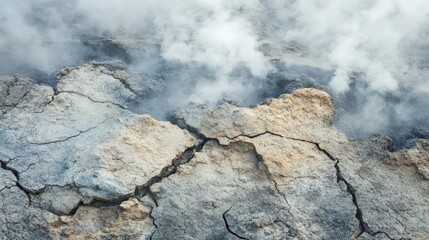 Cracked earth landscape showcasing fumaroles and volcanic activity in a geothermal area