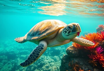 Obraz premium Serene underwater scene featuring a majestic sea turtle gracefully swimming amidst vibrant coral reefs