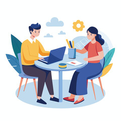 Partners meeting for business discussion with documents and laptop on desk. Couple at round table, speaking, discussing work, partnership. Flat vector illustration isolated on white background