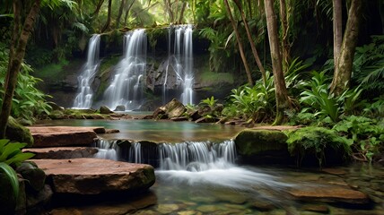Obraz premium Tropical paradise with cascading waterfalls, rustic walkway, and vibrant lush foliage in serene setting