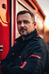 Obraz premium A firefighter stands next to his fire truck, ready for action