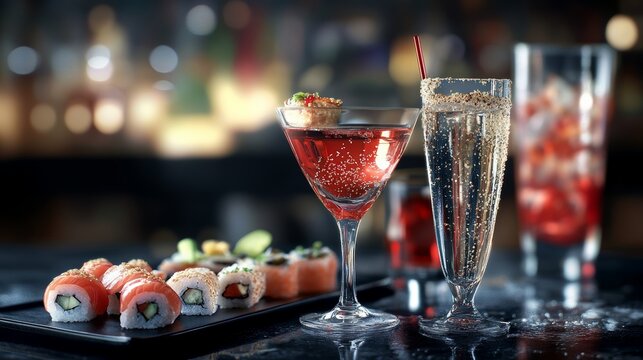 Sophisticated sushi and cocktail arrangement for celebrations or upscale events