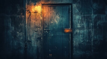 Mysterious Door with Light, Weathered Wall, and Evening Vibes