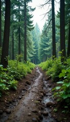 Muddy forest landscape with decaying trees and overgrown vegetation, grunge, wildgrowth