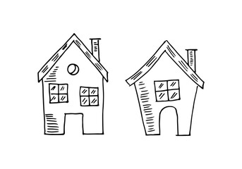 Two front houses hand-drawn doodle-style vector cartoonish lines.