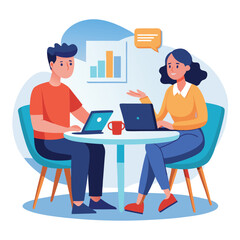 Partners meeting for business discussion with documents and laptop on desk. Couple at round table, speaking, discussing work, partnership. Flat vector illustration isolated on white background