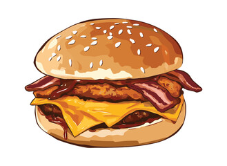 Delicious meat burger, double burger with crispy chicken meat, salad and sauce isolated on white background.