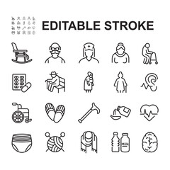Elderly icon set. Thin line vector. Contains icons related to elderly such as rocking chair, old people, medicines and more.