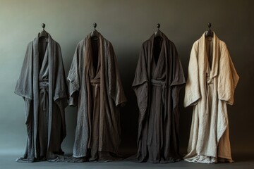 Naklejka premium A collection of robes displayed on a wall, perfect for use in historical or fantasy settings