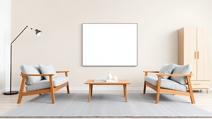 Minimalist living room with wooden chairs neutral tones and elegant coffee table decoration
