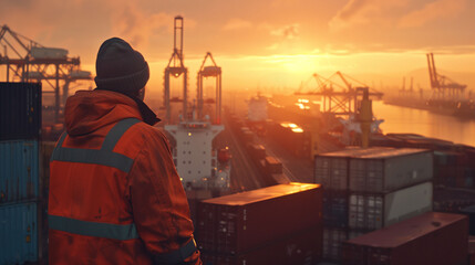 Fototapeta premium Engineer worker looking at shipping containers during sunset on a busy seaport 