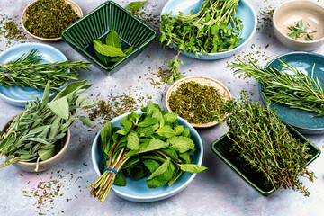 Set of fresh herbs spices.