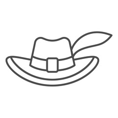 Musketeer man hat with feather thin line icon, fairy tale headwear concept. Vector graphics. Small cylinder hat sign on white background, outline style icon for mobile or web design.