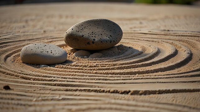 A simple Zen rock garden with smooth, flowing sand patterns