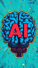 Pop art artificial intelligence-powered brain and AI text. Colorful background in pop art retro comic style. Vertical