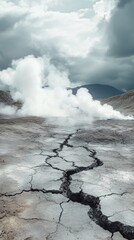 Cracked earth with steam vents showcases ongoing volcanic activity without eruption in a remote rugged landscape