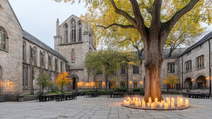 Fototapeta premium Historic Courtyard with Candles and Autumn Tree