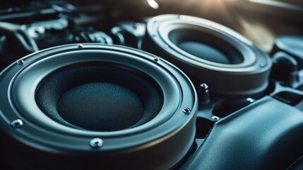Close-up of car speakers with a microphone and cables inside