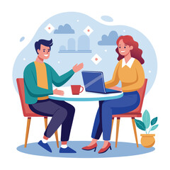 Partners meeting for business discussion with documents and laptop on desk. Couple at round table, speaking, discussing work, partnership. Flat vector illustration isolated on white background