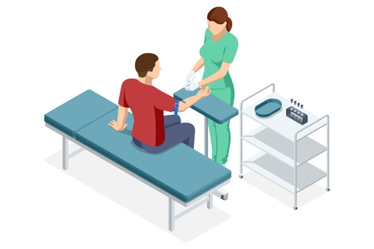 A nurse in green scrubs is taking a blood sample from a male patient seated on an examination table. A medical cart with vials and instruments is placed nearby. Isometric vector illustration.