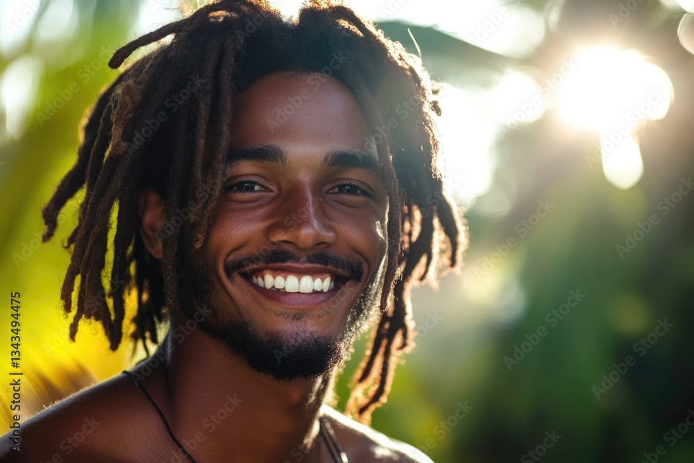 Poster portrait of a person with dreadlocks smiling directly at the camera, informative and friendly expres