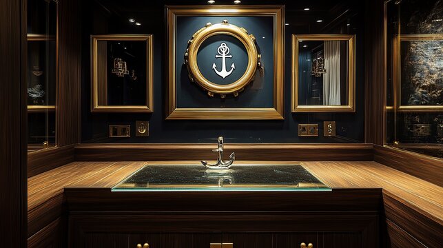 A classy nautical bathroom with ship-inspired porthole wall art